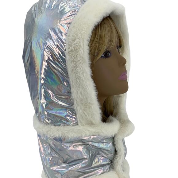 DKNY Logo Detached Puffer Hood Iridescent Metallic Shell + Faux Fur Lined Hat - Picture 7 of 15